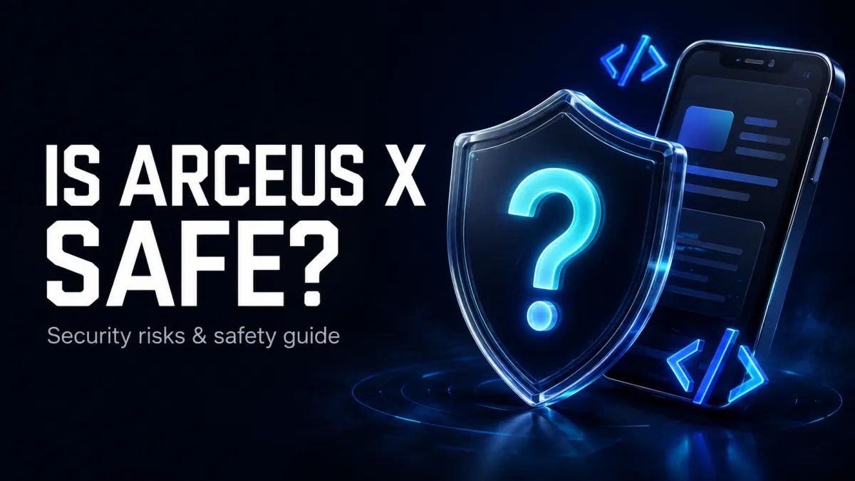 Is Arceus X safe? A cyan question-mark shield beside a smartphone