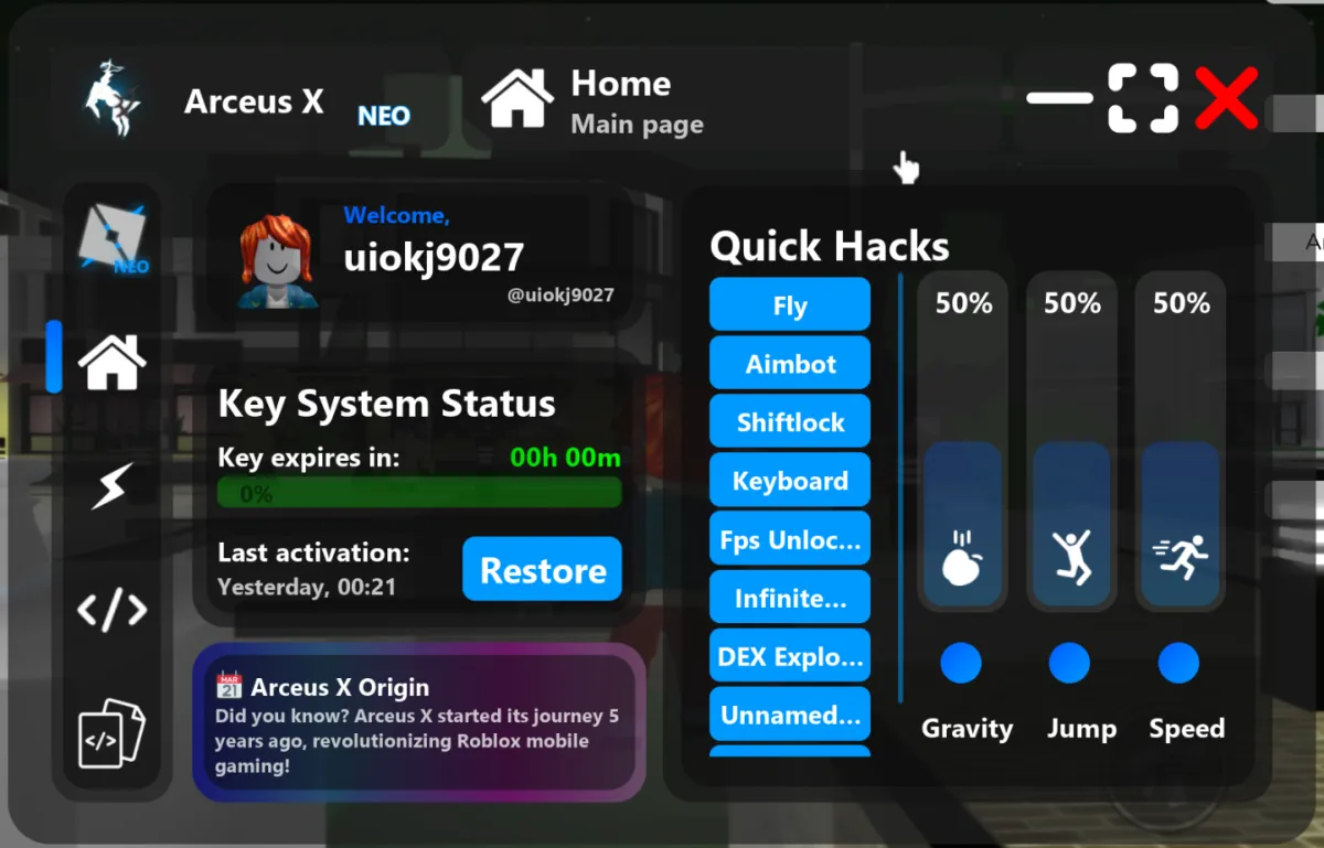 Arceus X NEO home dashboard